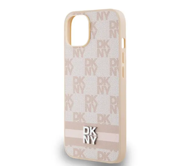 DKNY Leather Checkered Mono Pattern & Printed Stripes do iPhone 15 Plus Różowy