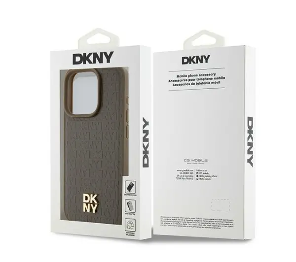 DKNY Leather Pattern Metal Logo MagSafe do iPhone 15 Pro Max Brązowy