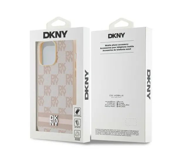 DKNY Leather Checkered Mono Pattern & Printed Stripes do iPhone 14 Pro Max Różowy