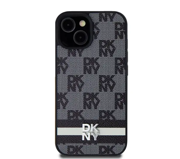 DKNY Leather Checkered Mono Pattern & Printed Stripes do iPhone 15 Plus Czarny