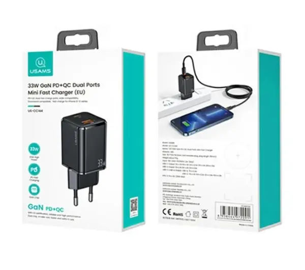 USAMS T43 USB-C+USB 33W + kabel lightning Czarny