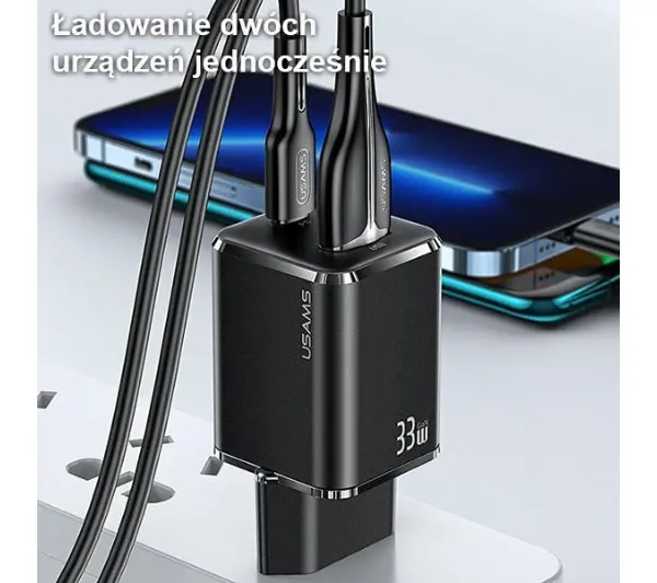 USAMS T43 USB-C+USB 33W + kabel lightning Czarny