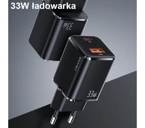 USAMS T43 USB-C+USB 33W + kabel lightning Czarny