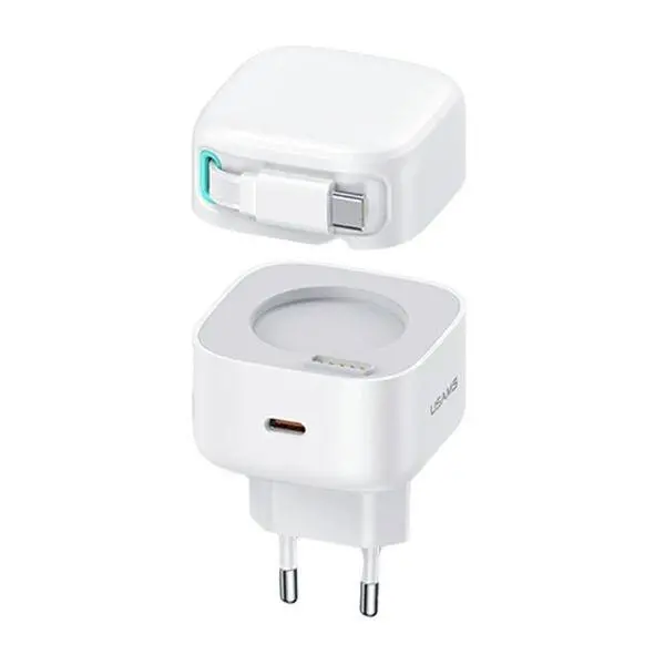 Ładowarka sieciowa USAMS CC202TC02 1xUSB-C ze zwijanym kablem Lighning PD+QC 35W Biały
