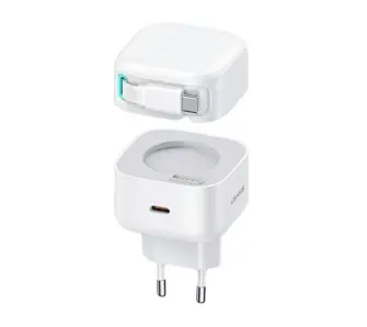 Ładowarka sieciowa USAMS CC202TC02 1xUSB-C ze zwijanym kablem Lighning PD+QC 35W Biały