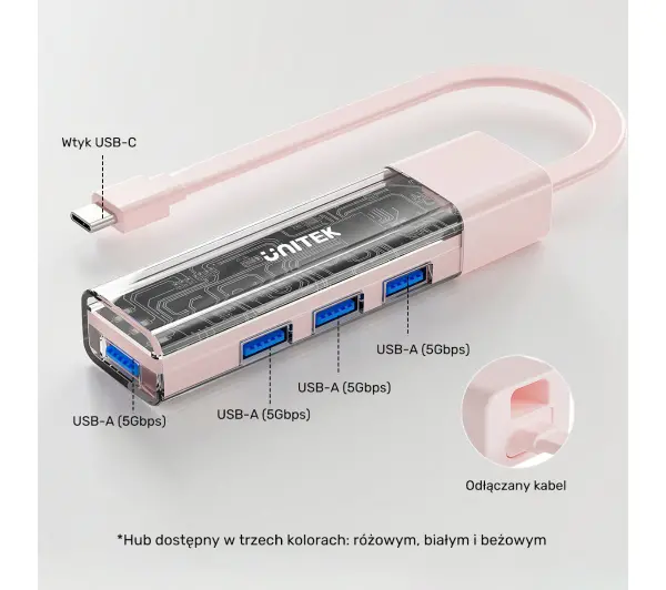 Unitek H1319APK01 USB C/USB A 5Gbps 4x USB A Różowy
