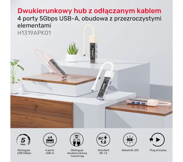 Unitek H1319APK01 USB C/USB A 5Gbps 4x USB A Różowy
