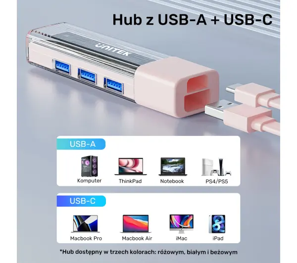 Unitek H1319APK01 USB C/USB A 5Gbps 4x USB A Różowy