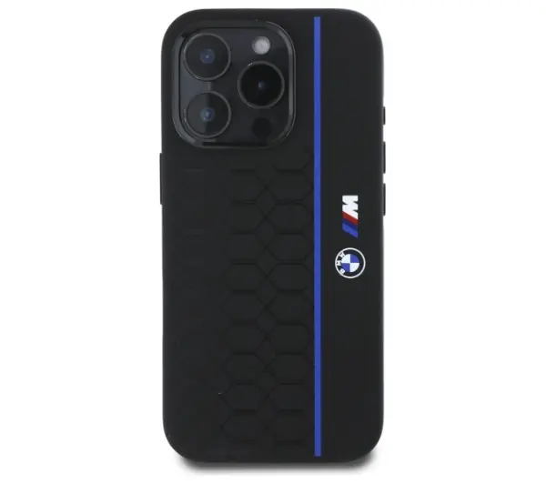 BMW Silicone Hexagon Blue Line MagSafe do iPhone 16 Pro Czarny