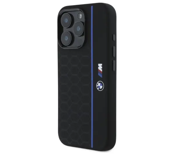 BMW Silicone Hexagon Blue Line MagSafe do iPhone 16 Pro Czarny