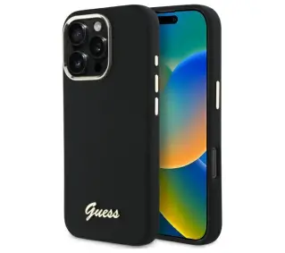 Guess Silicone Script Metal Logo & Frame do iPhone 16 Pro Czarny