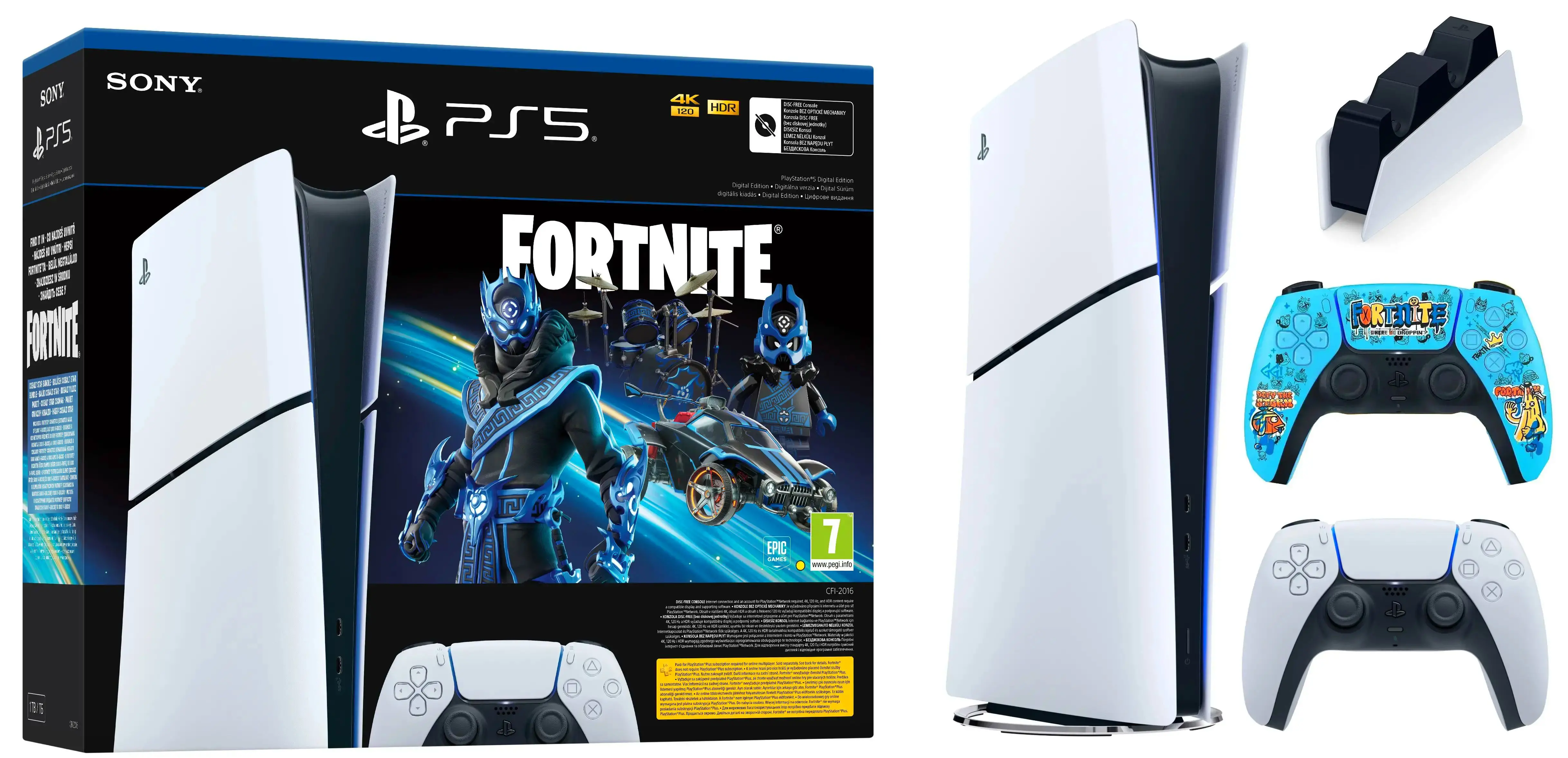 Konsola Sony PlayStation 5 Digital Slim D Chassis (PS5) 1TB Fortnite Cobalt + Dodatkowy Pad Fortnite + Stacja Ładowania