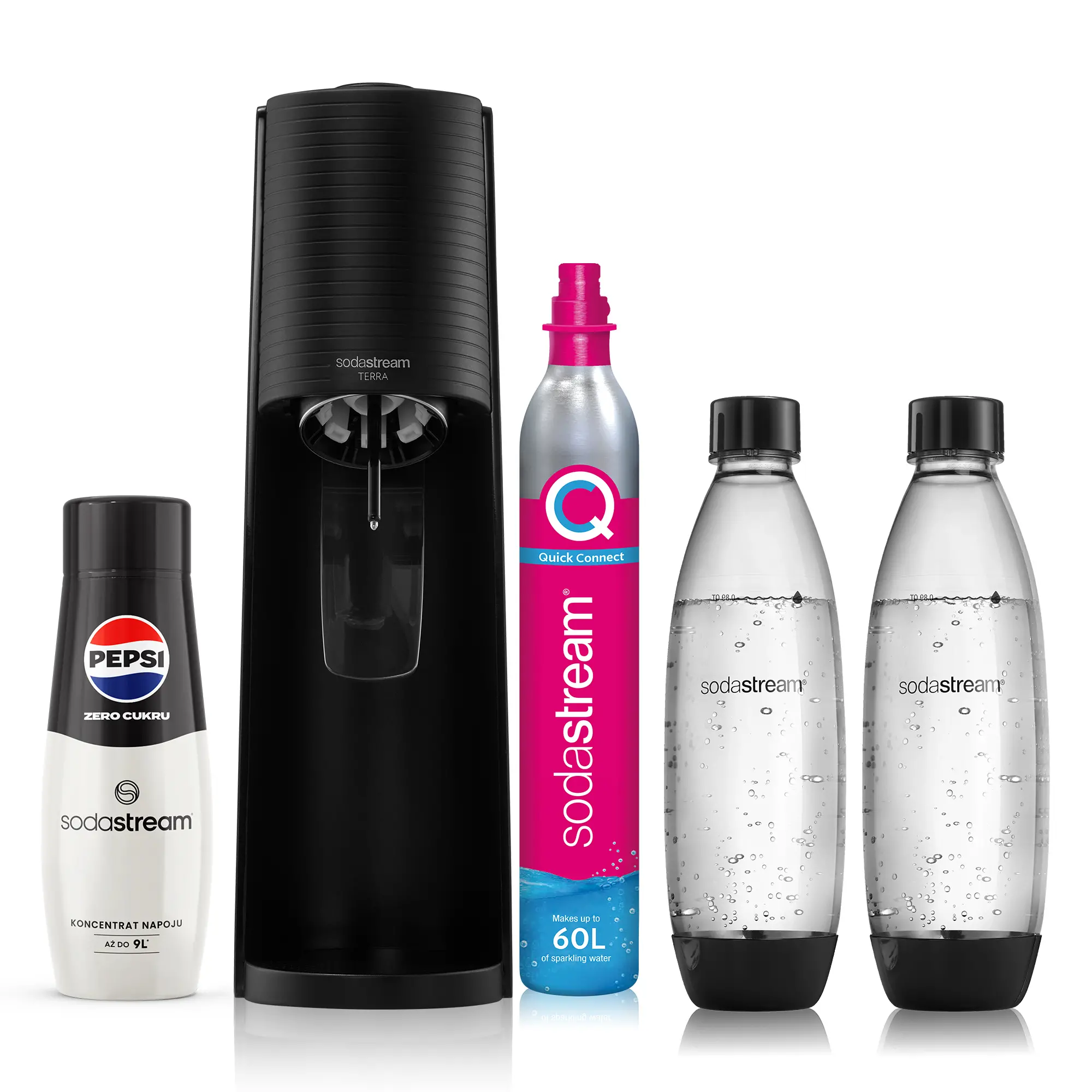 Saturator Sodastream Terra + 2 butelki  + Syrop Pepsi Zero Cukru + Nabój z gazem CO2