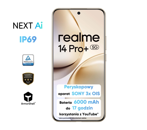 realme 14 Pro+ 5G 8/256GB Funkcje AI 6,83" 120Hz 50Mpix Perłowy - ⚡ EURO HIT CENOWY! ⚡ - Kup na Raty - RRSO 0%