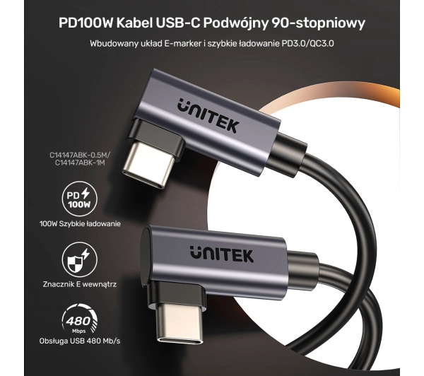 Unitek USB-C do USB-C PD 100W 0,5m Czarny