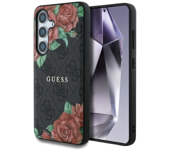Etui Guess Leather 4G Flowers Print Metal Classic Logo MagSafe Galaxy S25 Czarny