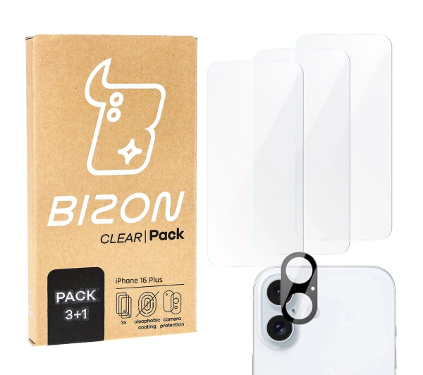 Bizon 3x szkło hartowane + szybka na aparat Clear 2 Pack do Apple iPhone 16 Plus