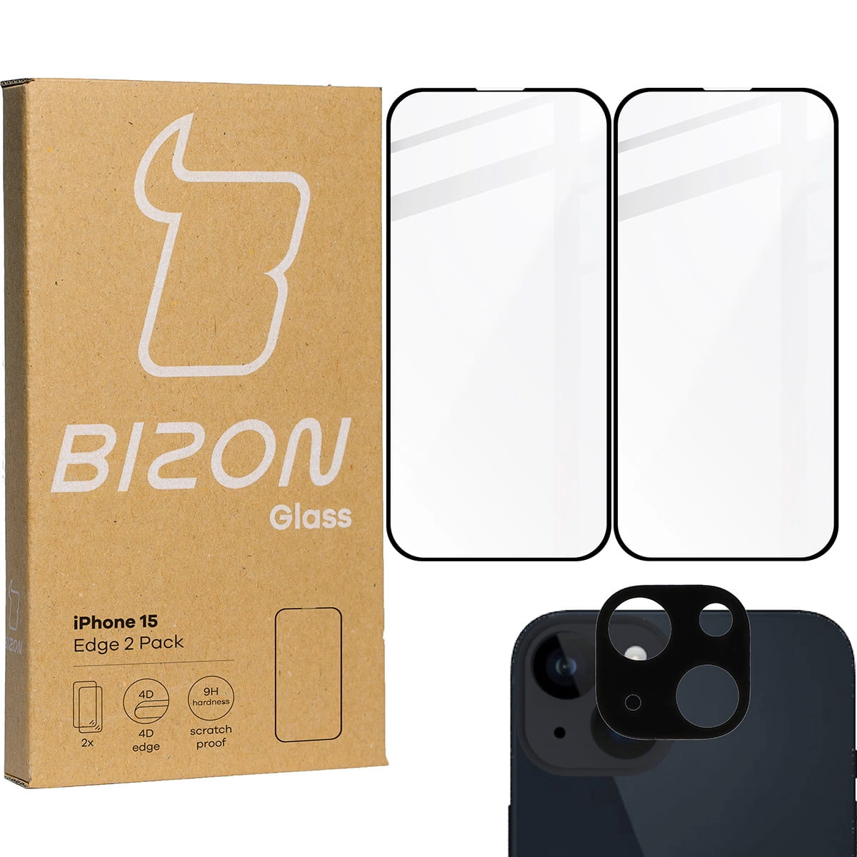 Zestaw ochronny Bizon 2x szkło + szybka na aparat Edge 2 Pack do iPhone 15