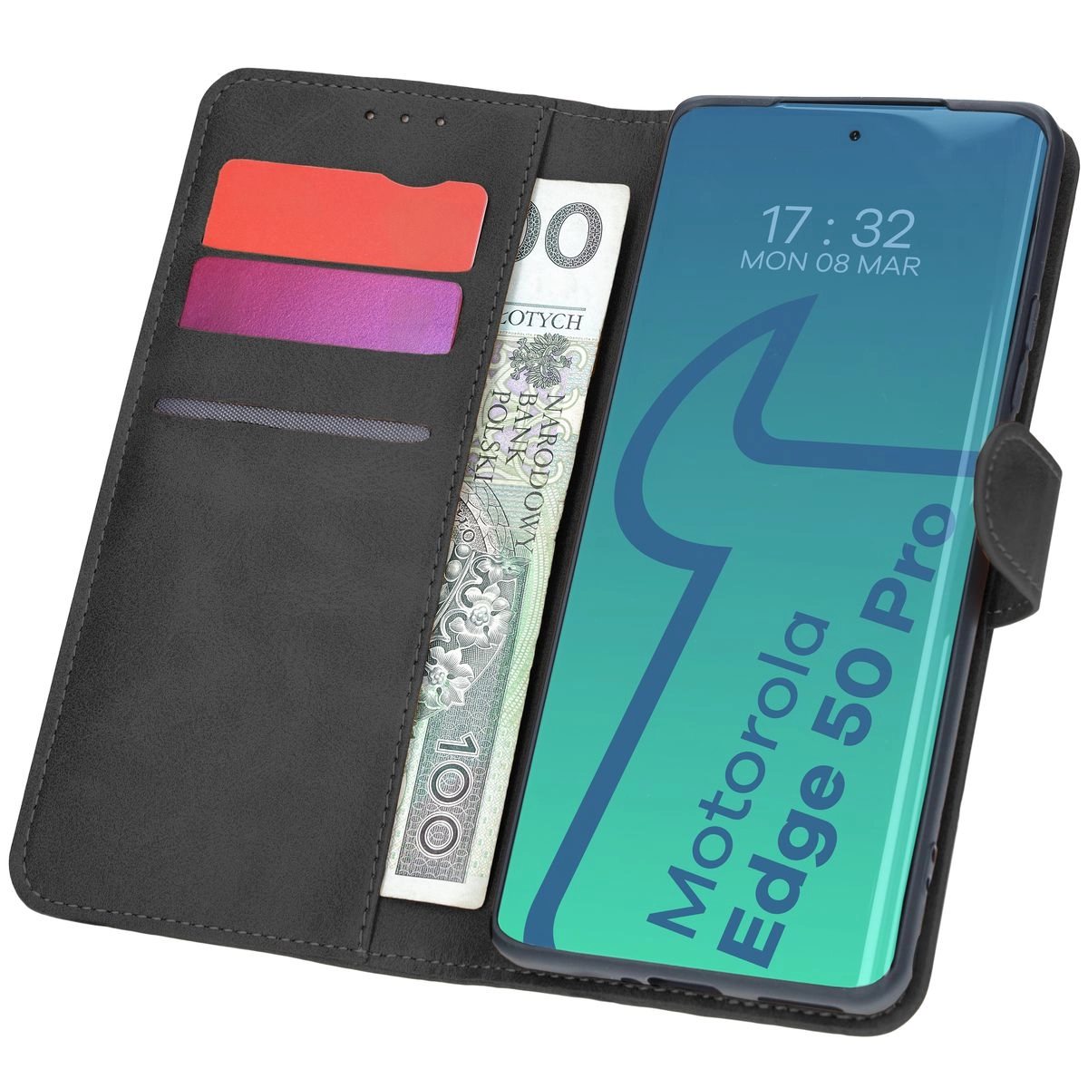 Etui Bizon z klapką Pocket do Motorola Edge 50 Pro Czarny