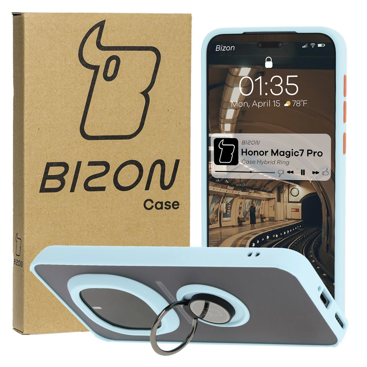 Etui Bizon z uchwytem na palec Hybrid Ring do Honor Magic7 Pro Przydymione z jasnoniebieską ramką