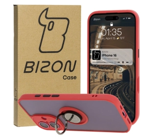 Bizon z uchwytem na palec Hybrid Ring do iPhone 16 Przydymione z czerwoną ramką