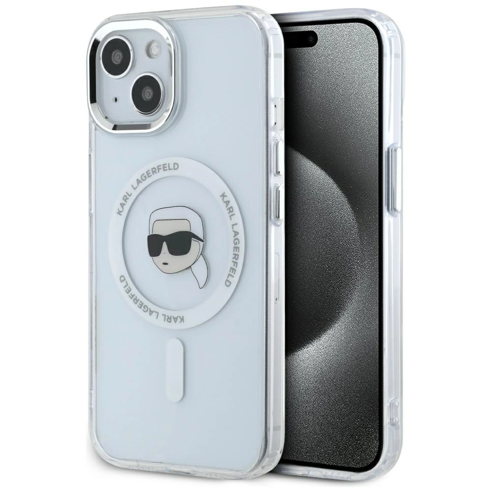 Etui Karl Lagerfeld IML Metal Karl Head MagSafe do iPhone 15 Plus Biały