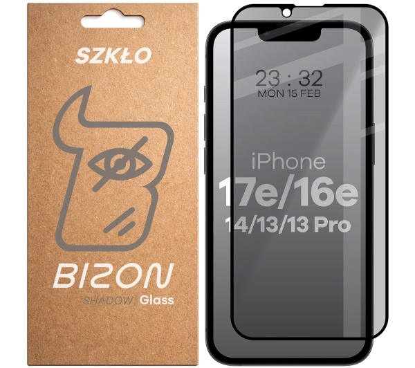 Bizon prywatyzujące pełne Edge Shadow do iPhone 16e / 14 / 13 Pro /13 / 17e przyciemniane
