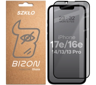 Szkło hartowane Bizon prywatyzujące pełne Edge Shadow do iPhone 16e / 14 / 13 Pro /13 / 17e przyciemniane