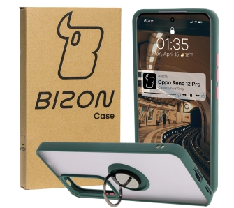 Etui Bizon z uchwytem na palec Hybrid Ring do Oppo Reno 12 Pro przydymione z Ciemnozieloną ramką
