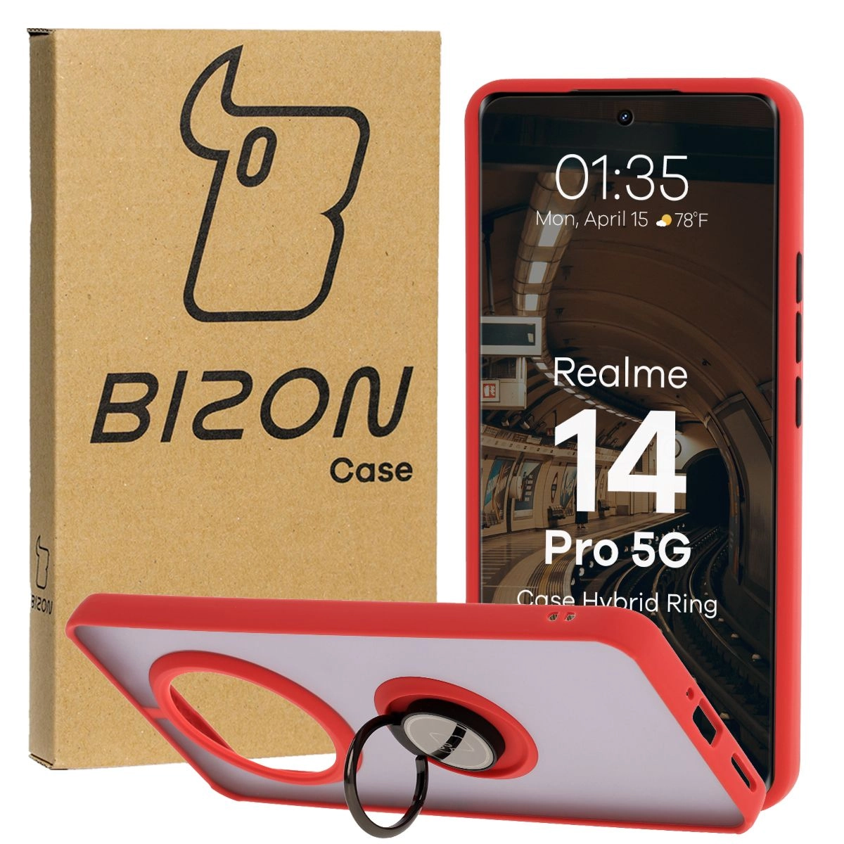 Etui Bizon z uchwytem na palec Hybrid Ring do Realme 14 Pro 5G przydymione z Czerwoną ramką