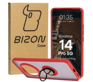 Bizon z uchwytem na palec Hybrid Ring do Realme 14 Pro 5G przydymione z Czerwoną ramką
