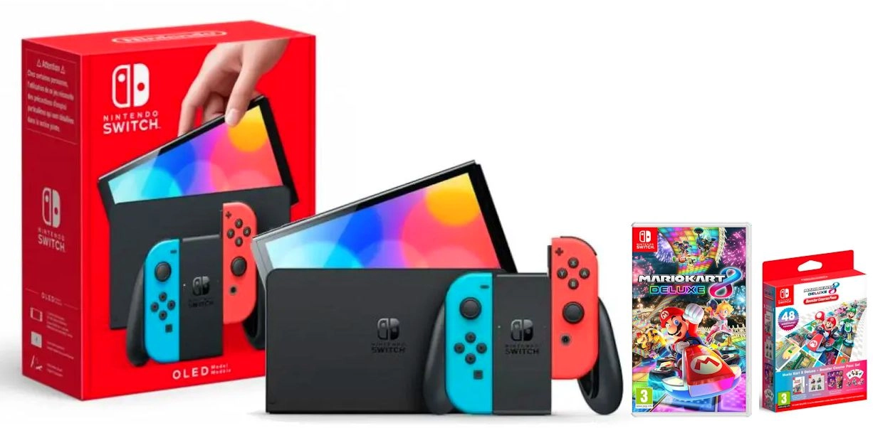Konsola Nintendo Switch OLED Czerwono-niebieski + Mario Kart 8 Deluxe + Mario Kart 8 Deluxe-Booster Course Pass Set
