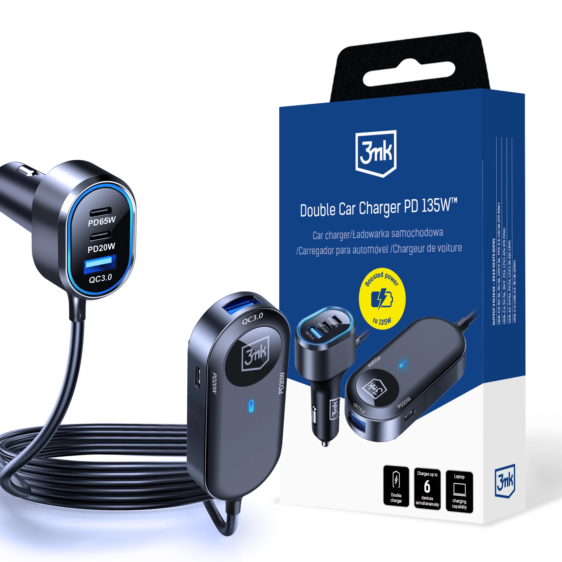 Ładowarka samochodowa 3mk Double Car Charger PD 135W