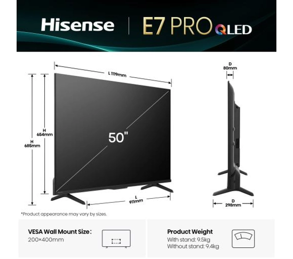 Hisense 50E7Q PRO 50" QLED 4K 144Hz Smart TV Funkcje AI Dolby Vision Dolby Atmos HDMI 2.1 - Kup na Raty - RRSO 0%
