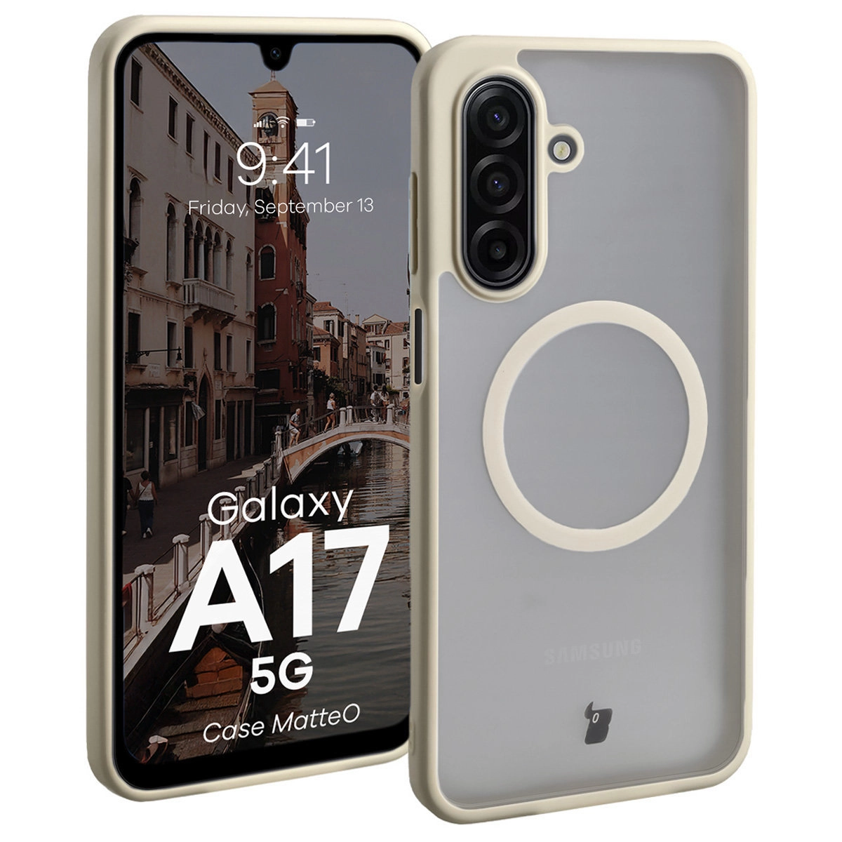 Etui Bizon MatteO z MagSafe do Samsung Galaxy A17 5G Półprzezroczyste z beżową ramką