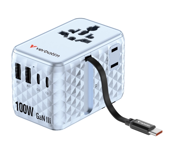 Verbatim Charge 'n' Travel 100W Adapter with retractable cable blue