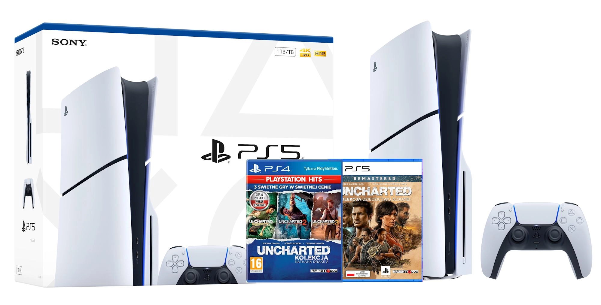 Konsola Sony PlayStation 5 Slim E Chassis (PS5) 1TB z napędem + Uncharted: Kolekcja Dziedzictwo Złodziei +Kolekcja Nathana Drake