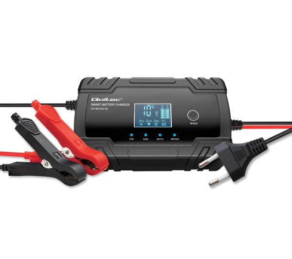 Qoltec 52490 Inteligentna mikroprocesorowa 12V 8A / 24V 4A  Prostownik z funkcją naprawy do akumulatora AGM GEL