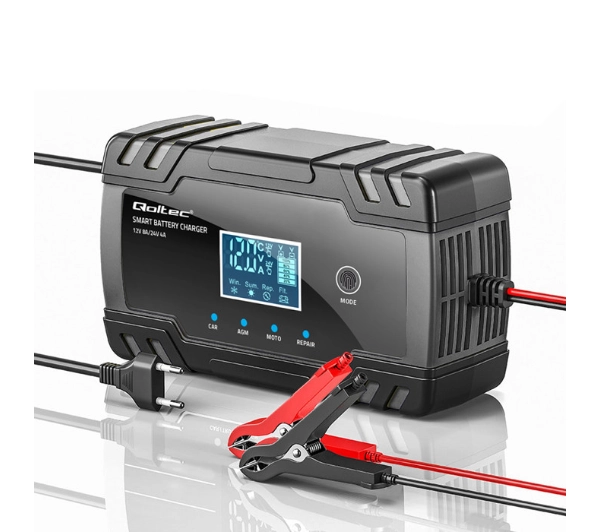 Qoltec 52490 Inteligentna mikroprocesorowa 12V 8A / 24V 4A  Prostownik z funkcją naprawy do akumulatora AGM GEL