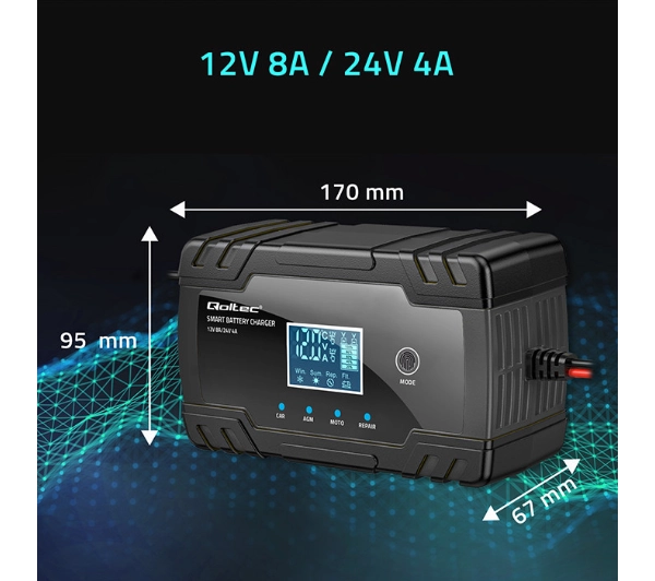 Qoltec 52490 Inteligentna mikroprocesorowa 12V 8A / 24V 4A  Prostownik z funkcją naprawy do akumulatora AGM GEL