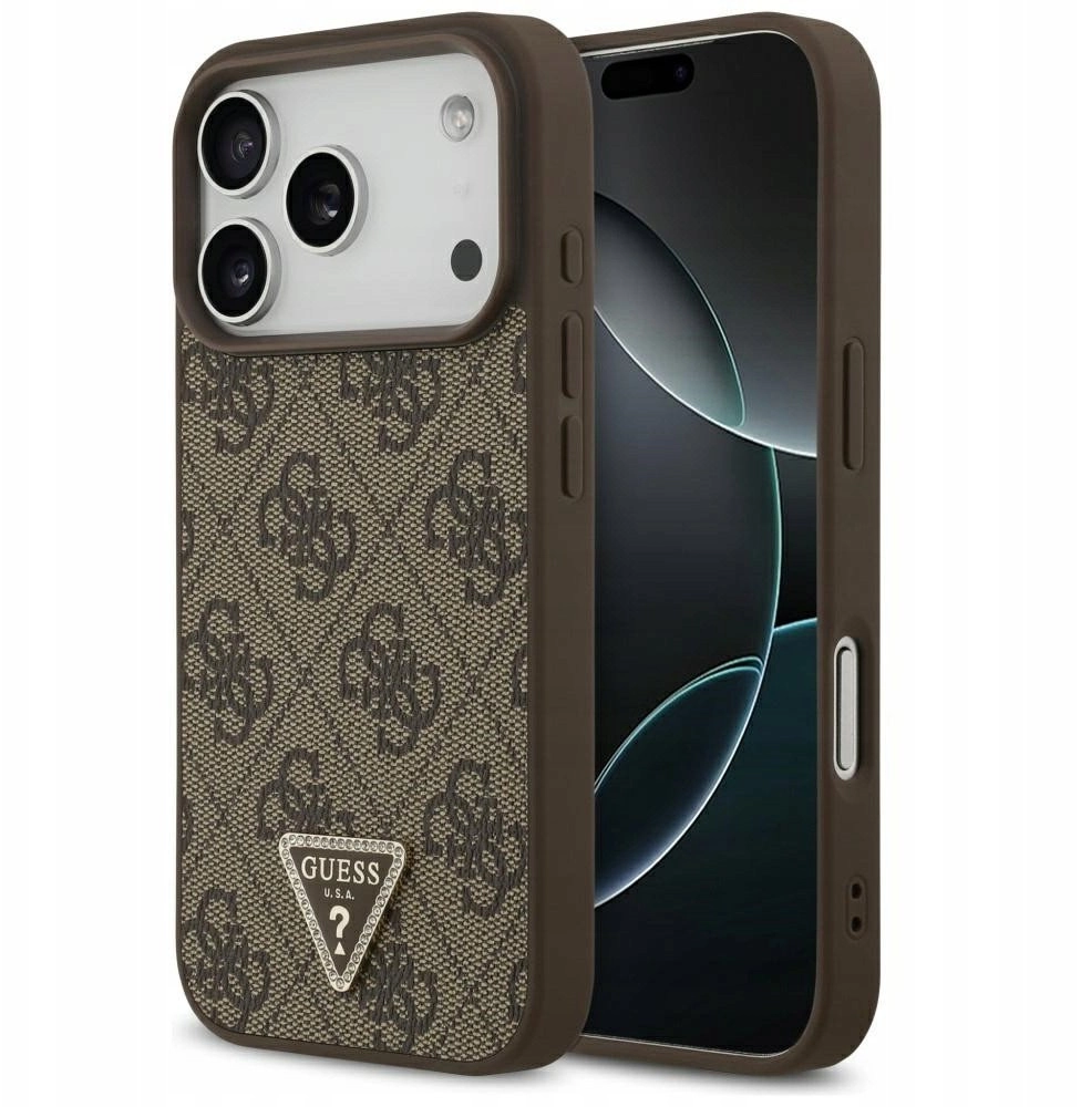Etui Guess Leather 4G Triangle Strass MagSafe do iPhone 17 Pro Brązowy