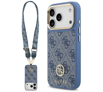 Etui Guess 4G Strass Logo & Big Strap Metal Buttons MagSafe do iPhone 17 Pro niebieski
