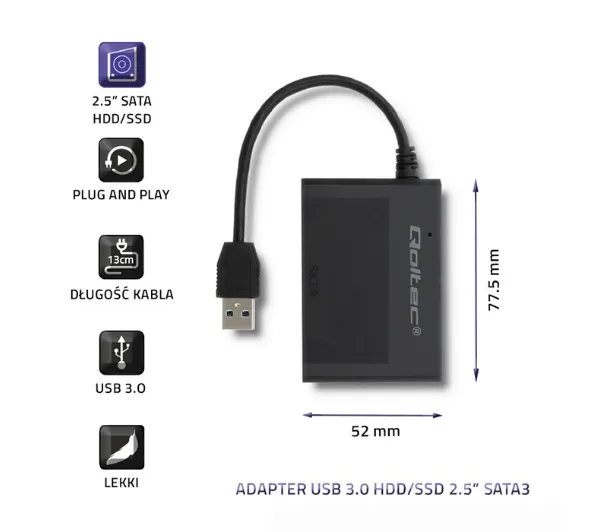 Qoltec 50644 HDD/SSD 2.5" SATA3 Czarny