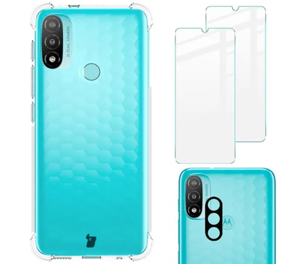 Bizon elastyczne etui + 2x szkło hartowane + szkło na aparat Clear Pack do Motorola Moto E20