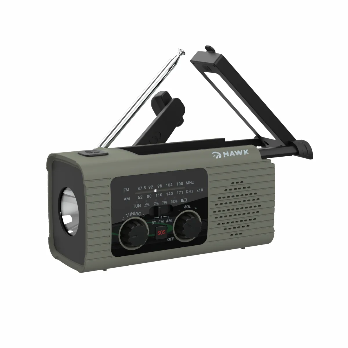 Radioodbiornik Hawk Expedition R10 Na korbkę, Solarne, Latarka, Radio FM Szary