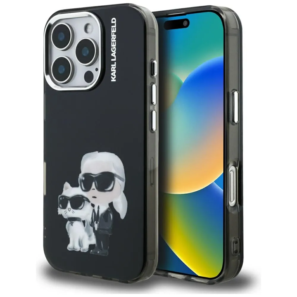Etui Karl Lagerfeld IML Aquarelle Karl & Choupette & Logo do iPhone 16 Pro Max Czarny