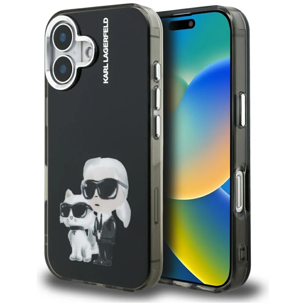 Etui Karl Lagerfeld IML Aquarelle Karl & Choupette & Logo do iPhone 16 Czarny
