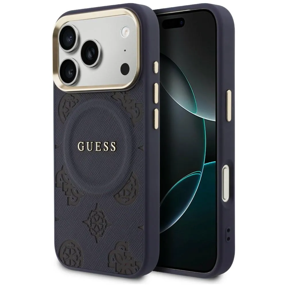 Etui Guess Peony Hot Stamp MagSafe do iPhone 17 Pro Niebieski