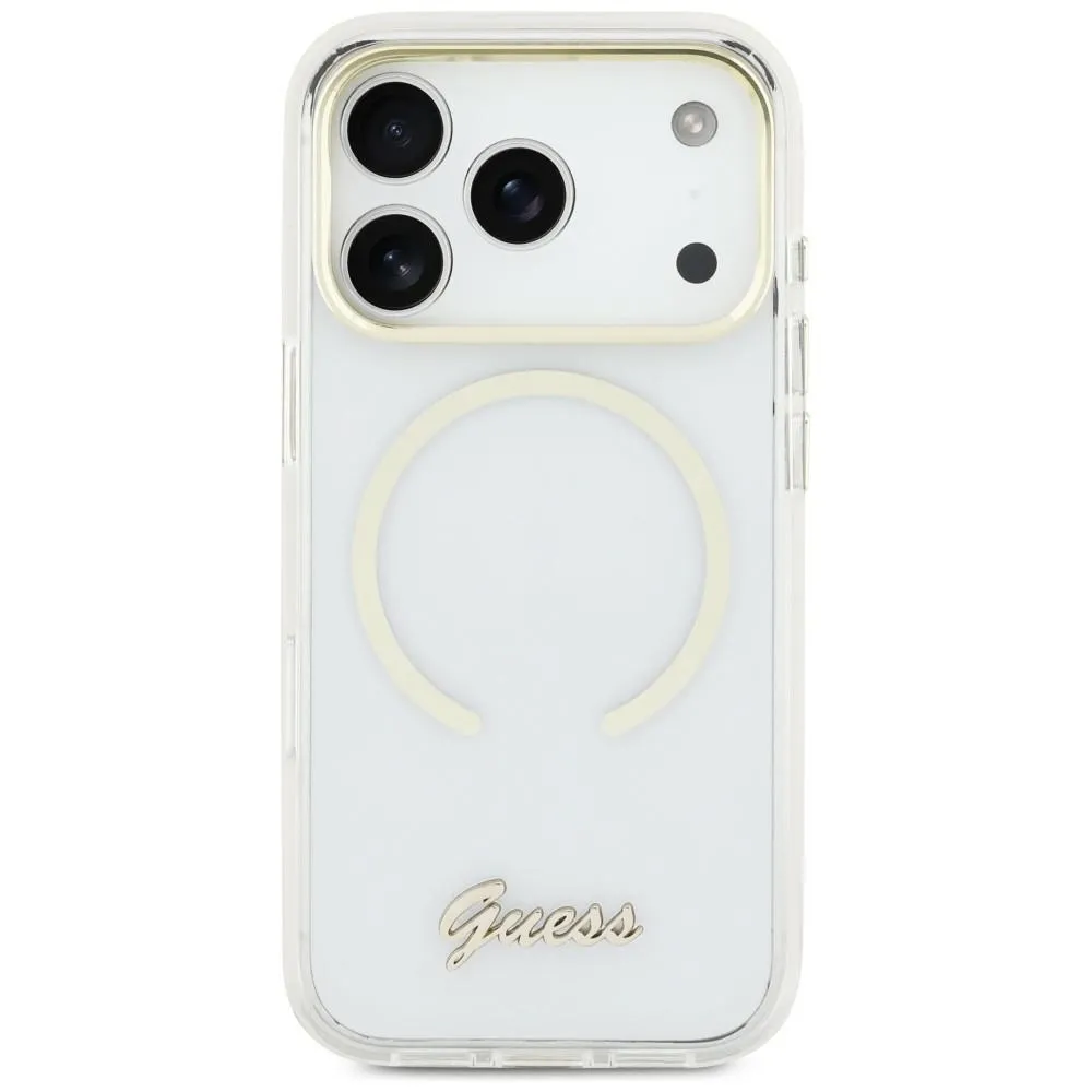 Etui Guess IML Script Metal MagSafe do iPhone 17 Przezroczysty