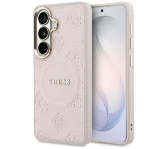 Etui Guess Saffiano Peony Embossed Ring MagSafe do Galaxy S26 Różowy